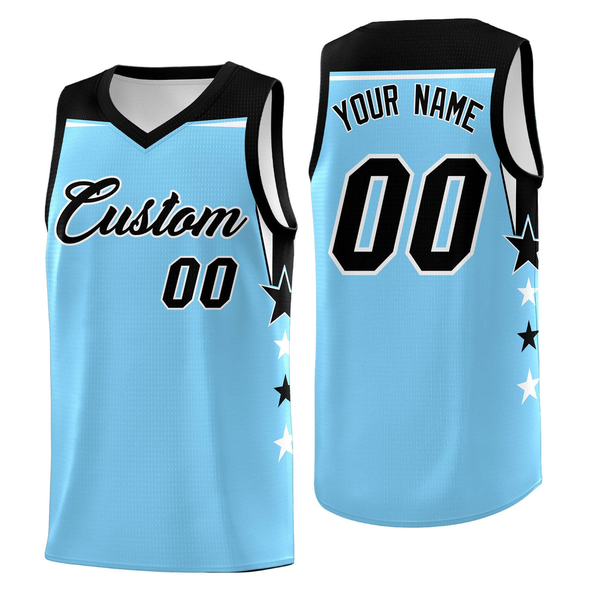 Custom Youth Basketball Uniform Light Blue Black Two Tone Side Star Color Block Team Jersey