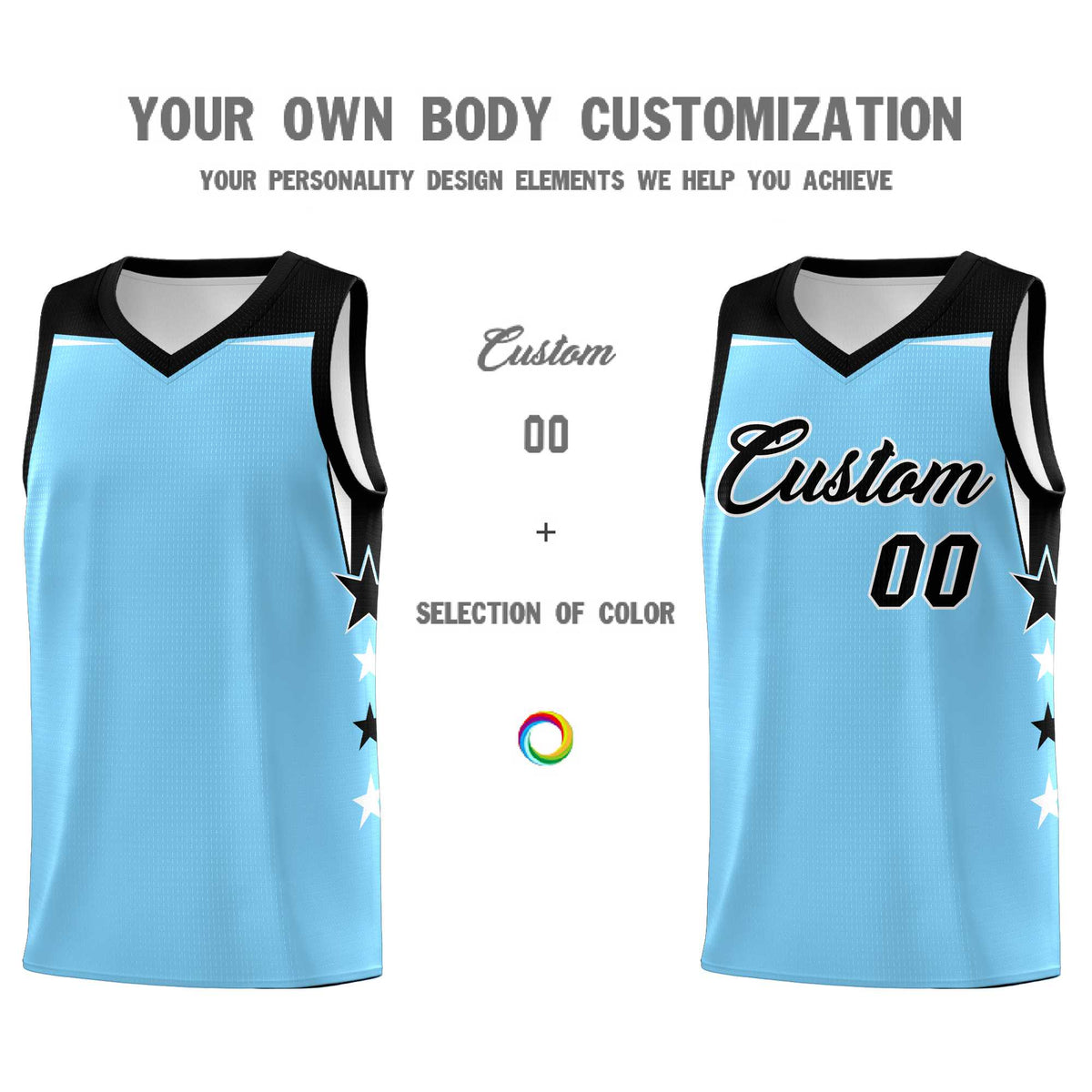 Custom Youth Basketball Uniform Light Blue Black Two Tone Side Star Color Block Team Jersey