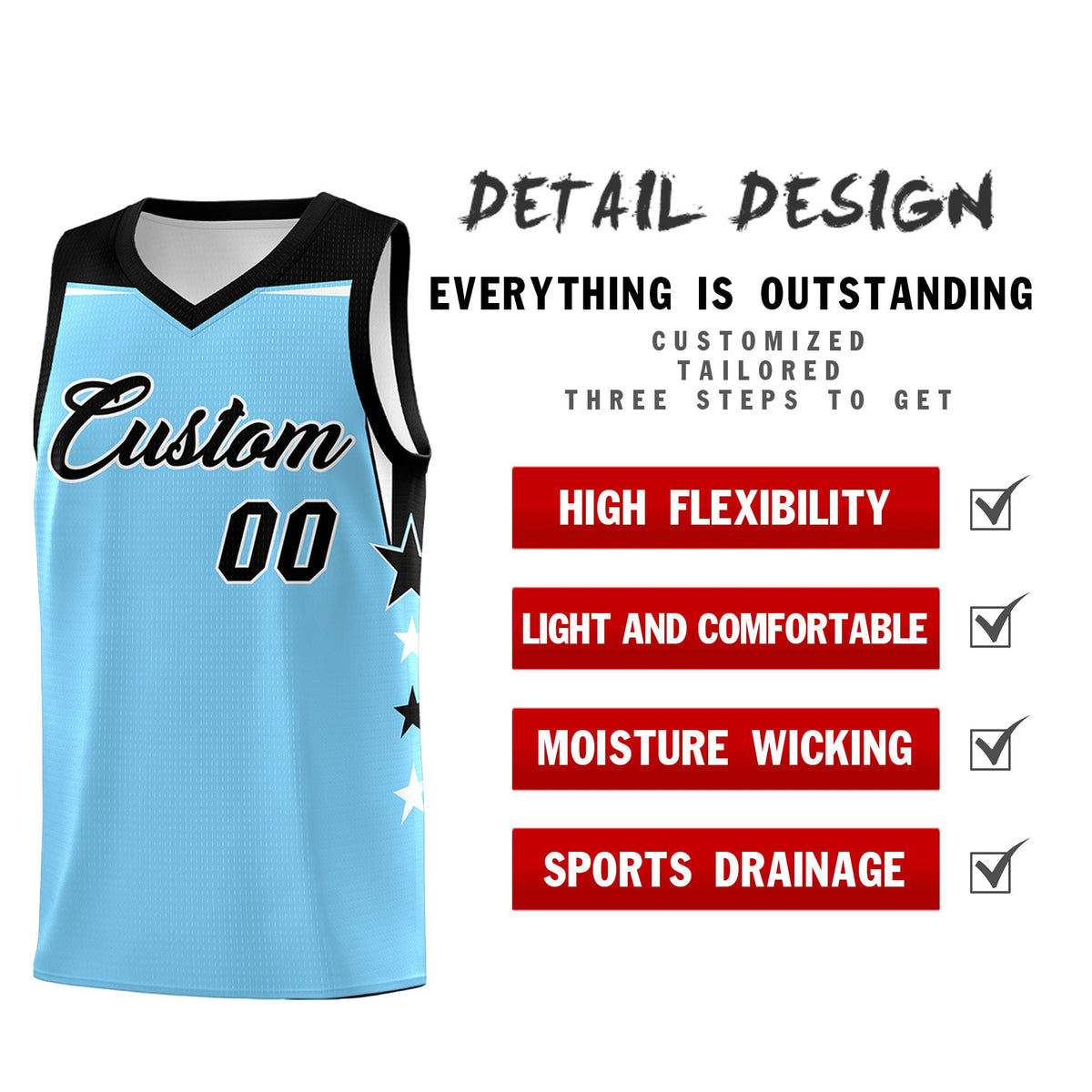 Custom Youth Basketball Uniform Light Blue Black Two Tone Side Star Color Block Team Jersey