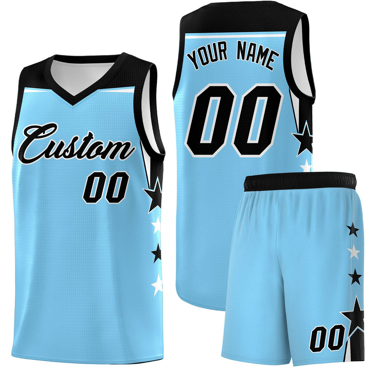 Custom Youth Basketball Uniform Light Blue Black Two Tone Side Star Color Block Team Jersey