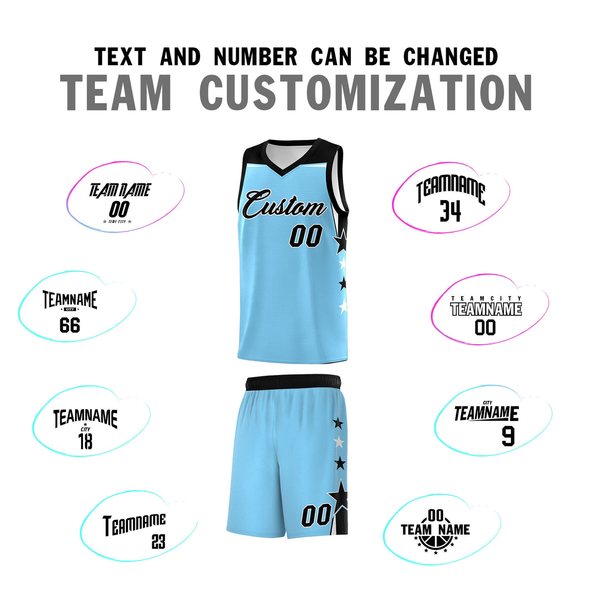 Custom Youth Basketball Uniform Light Blue Black Two Tone Side Star Color Block Team Jersey