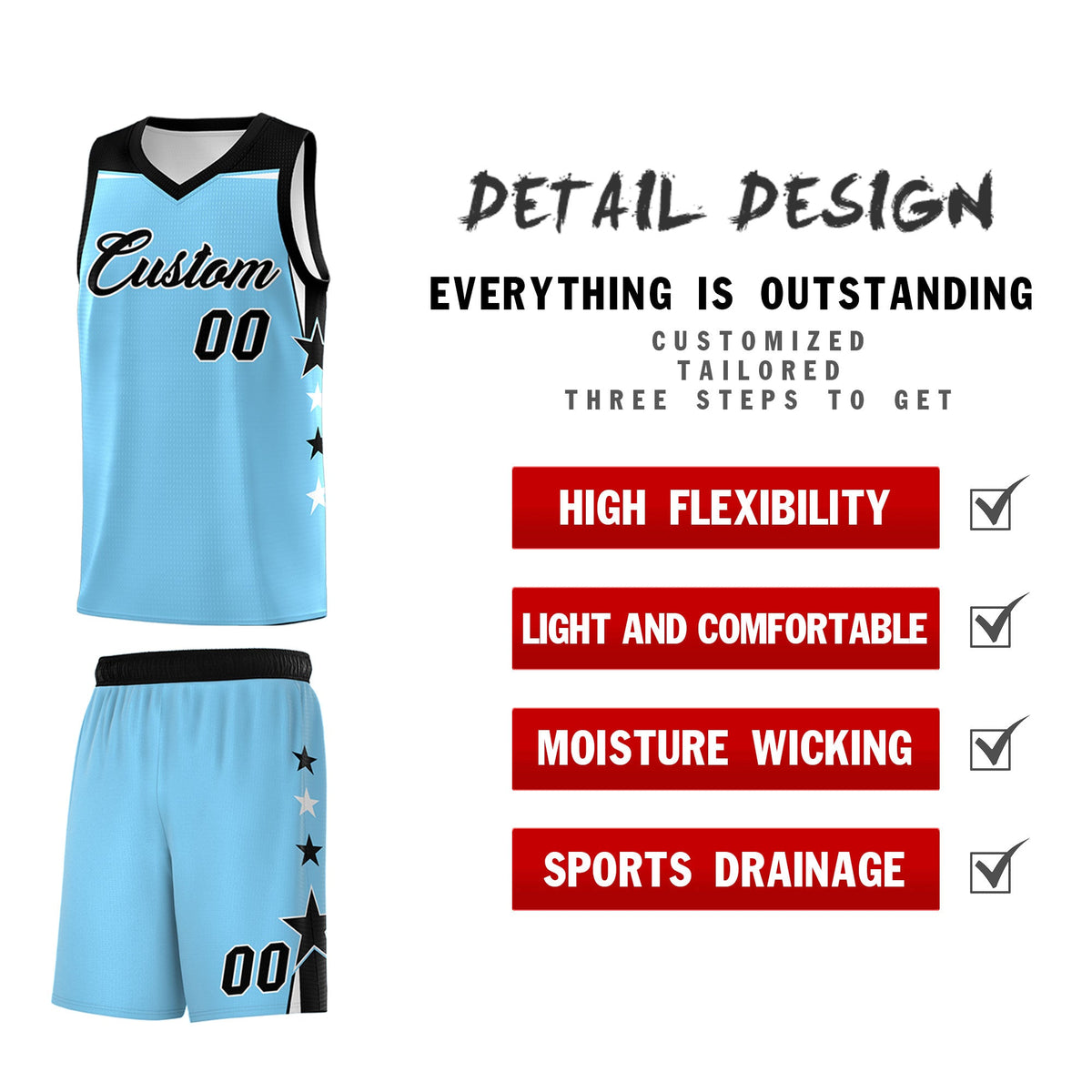Custom Youth Basketball Uniform Light Blue Black Two Tone Side Star Color Block Team Jersey