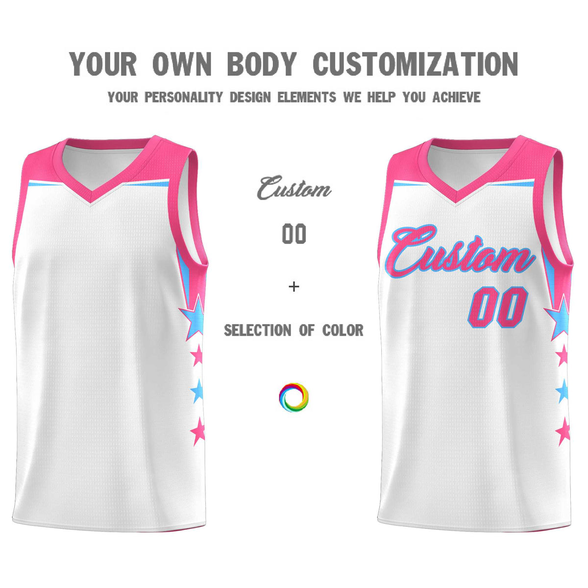 Custom Youth Basketball Uniform White Pink Two Tone Side Star Add Name Number &amp; Logo