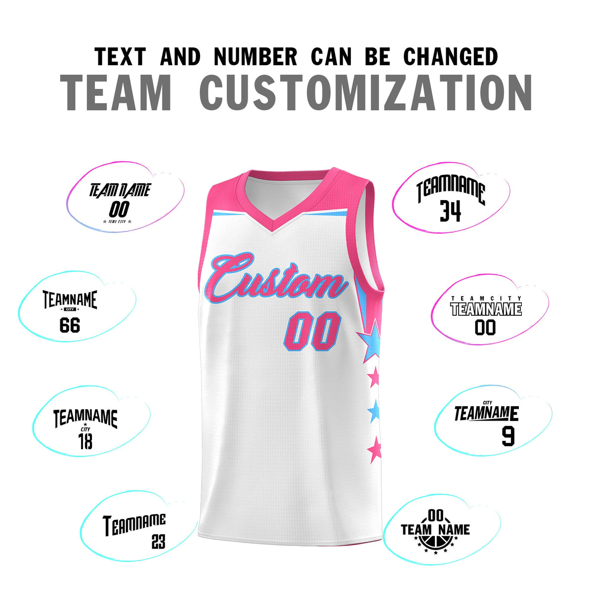 Custom Youth Basketball Uniform White Pink Two Tone Side Star Add Name Number &amp; Logo