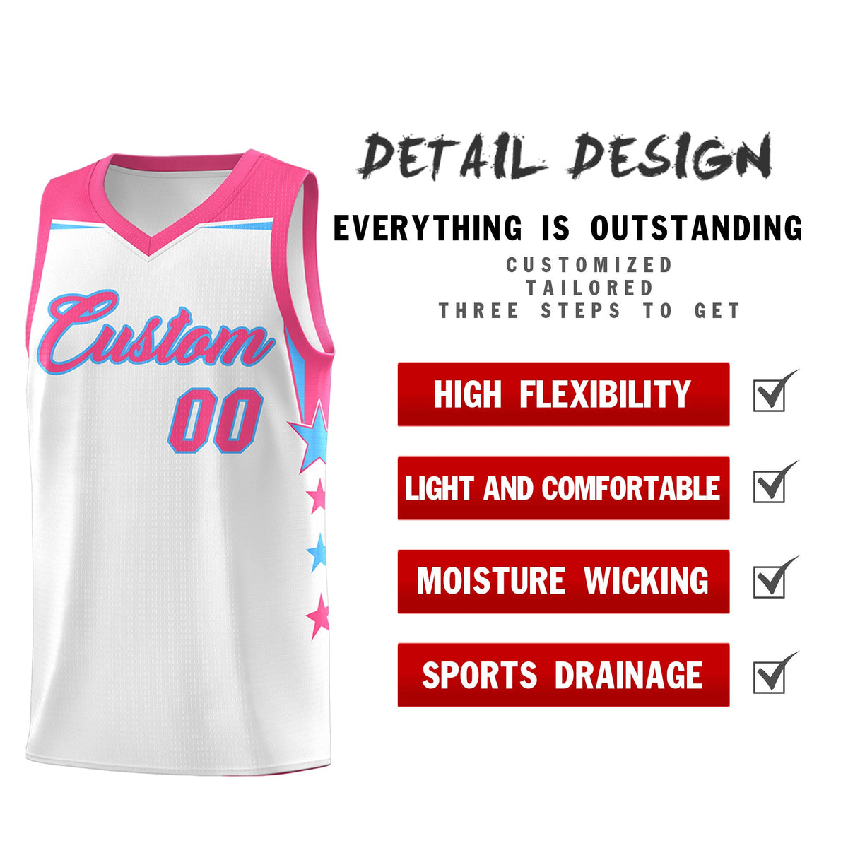 Custom Youth Basketball Uniform White Pink Two Tone Side Star Add Name Number &amp; Logo