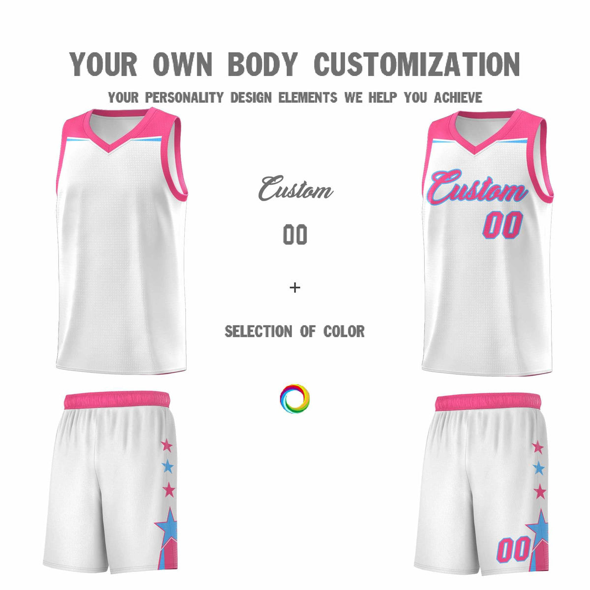 Custom Youth Basketball Uniform White Pink Two Tone Side Star Add Name Number &amp; Logo