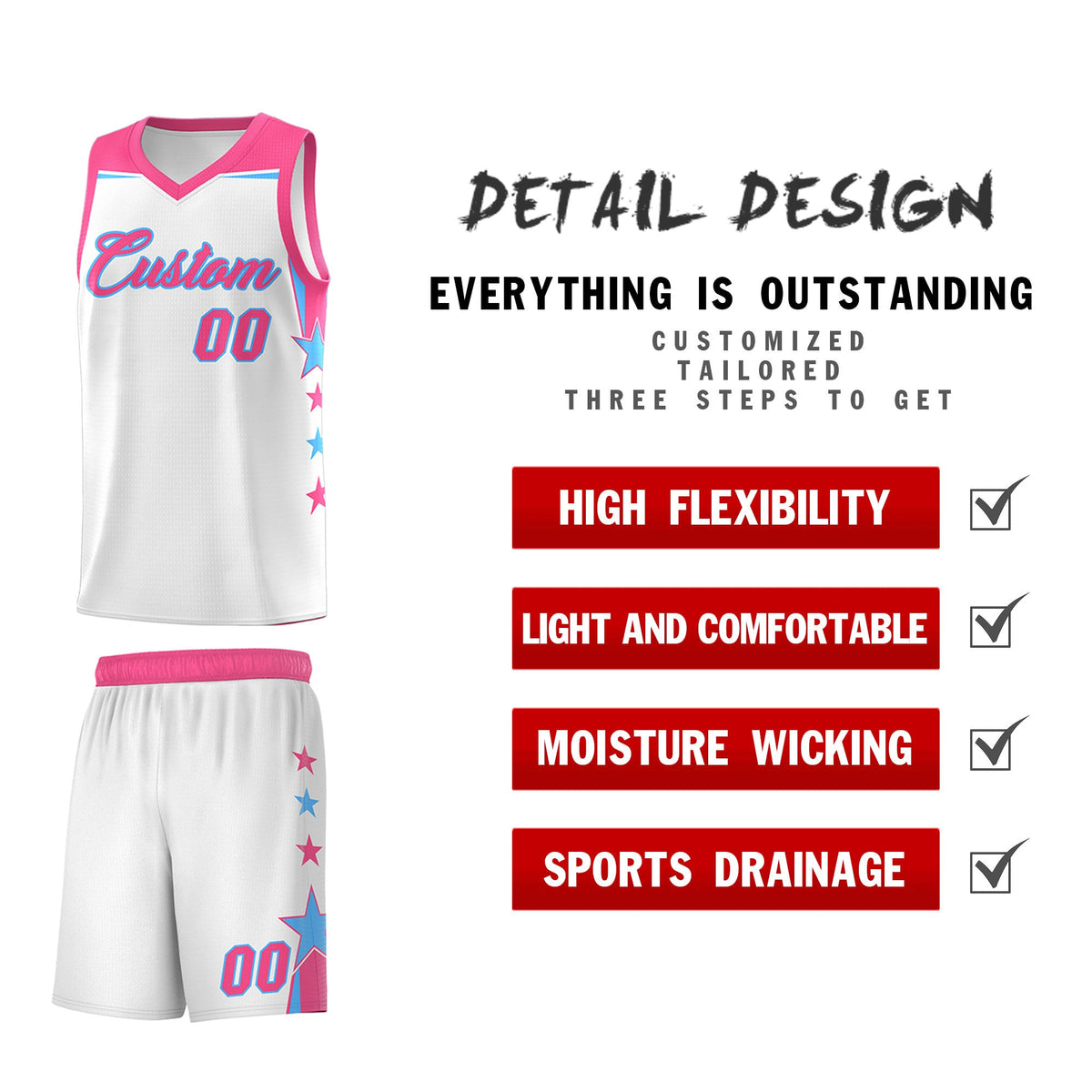 Custom Youth Basketball Uniform White Pink Two Tone Side Star Add Name Number &amp; Logo