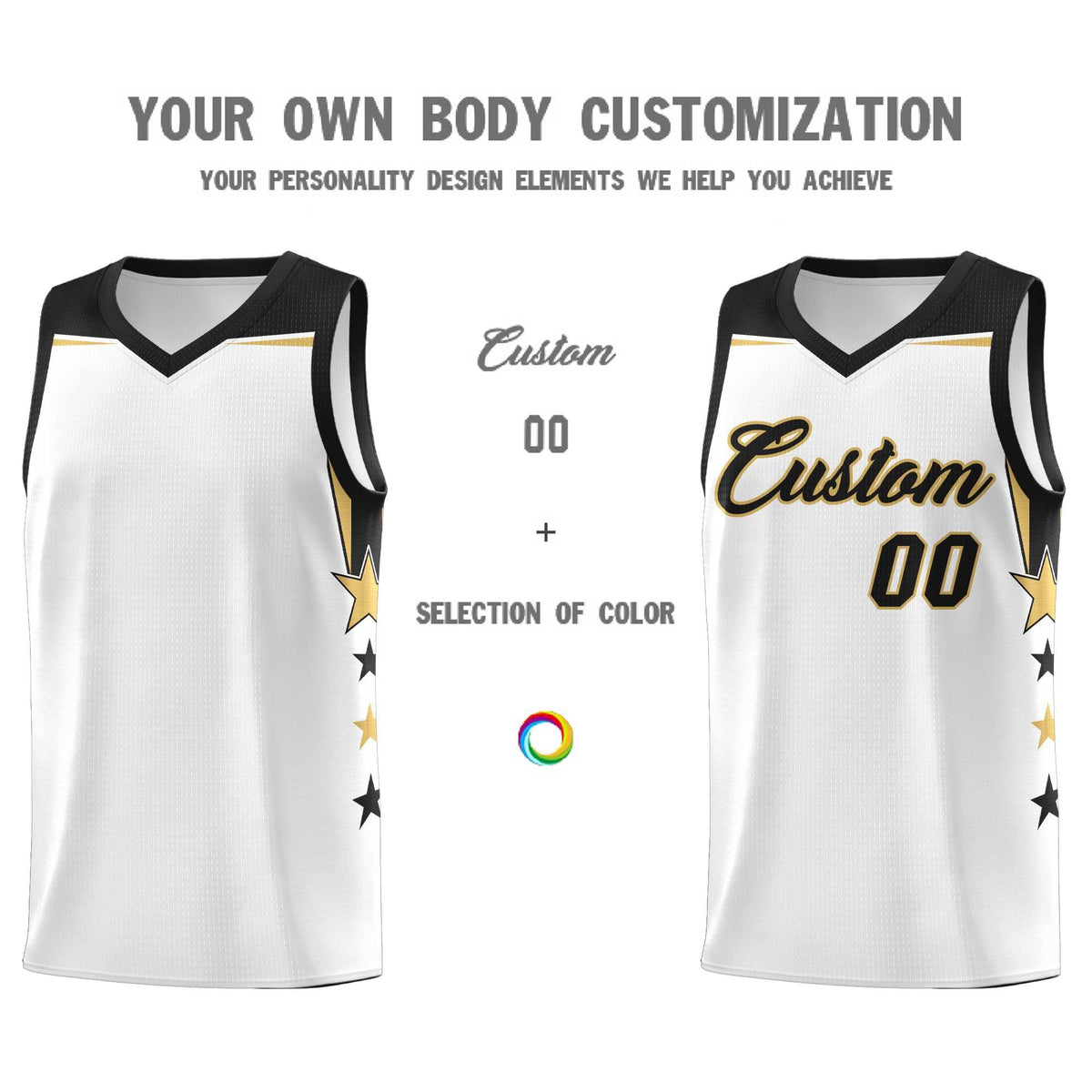 Custom Youth Basketball Uniform White Black Two Tone Side Star Add Name Number &amp; Logo