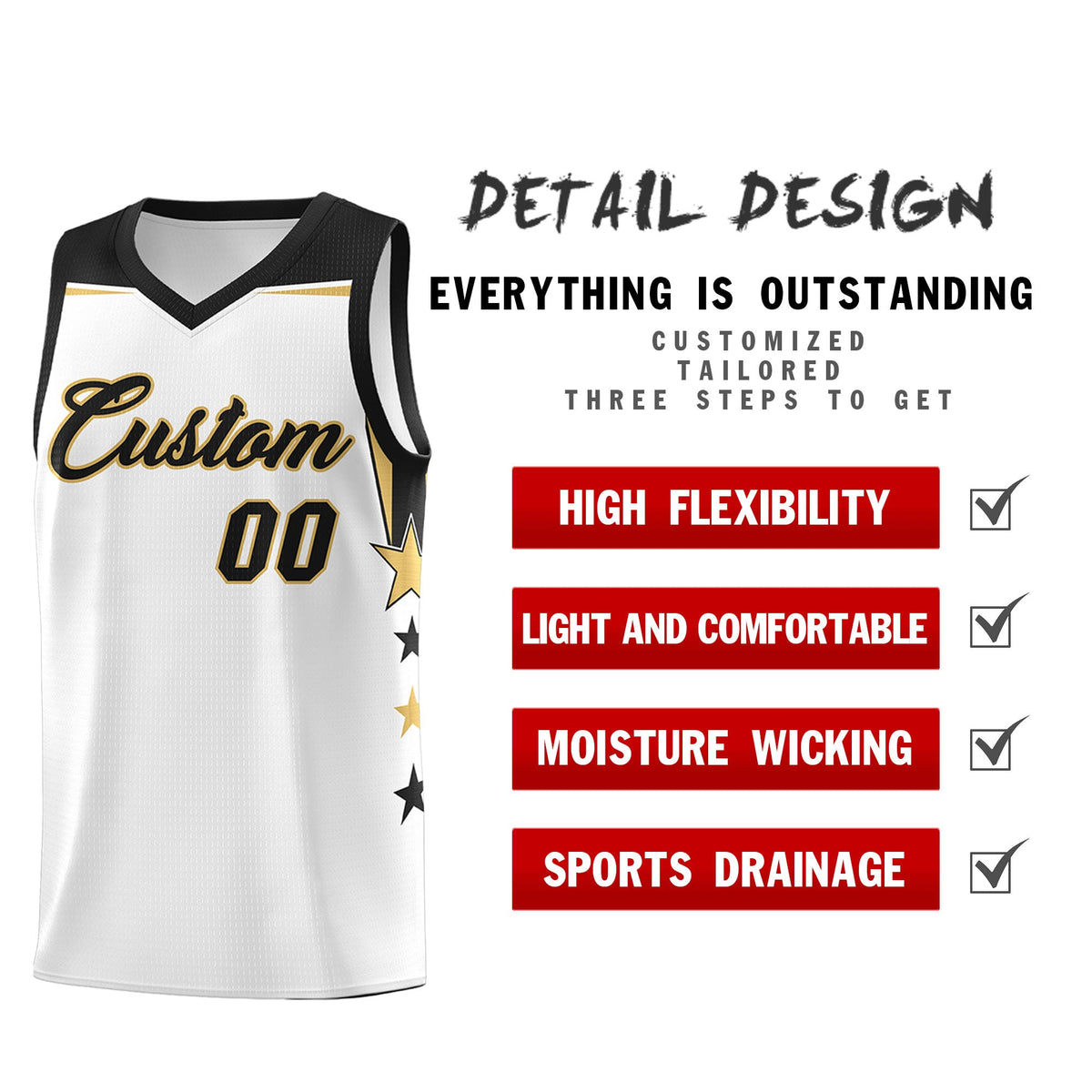 Custom Youth Basketball Uniform White Black Two Tone Side Star Add Name Number &amp; Logo
