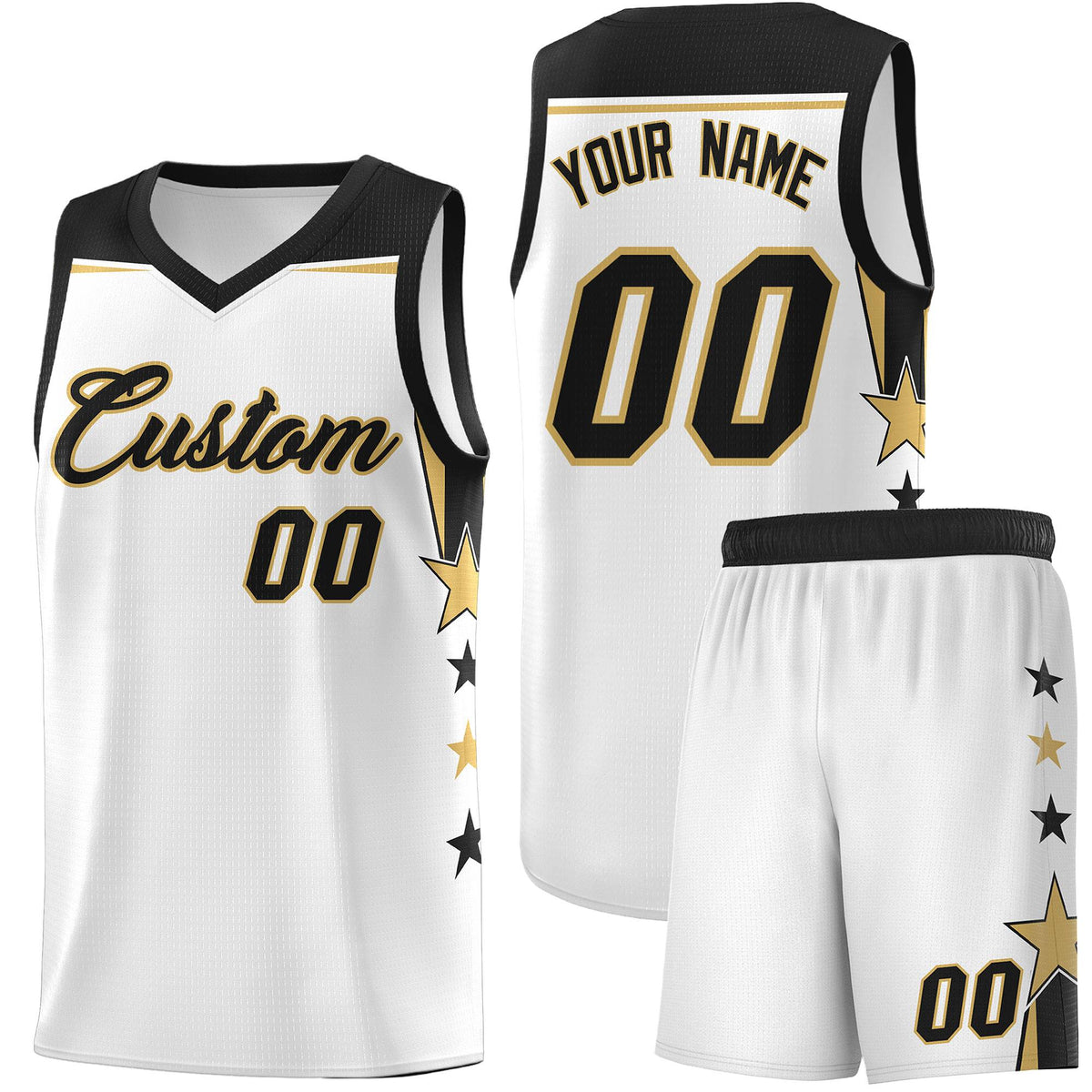 Custom Youth Basketball Uniform White Black Two Tone Side Star Add Name Number &amp; Logo