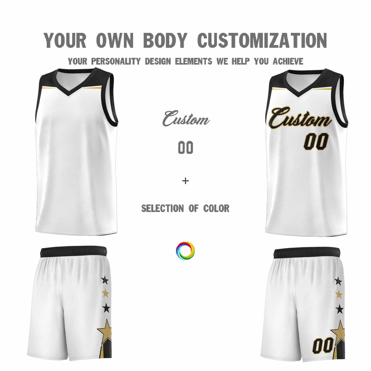 Custom Youth Basketball Uniform White Black Two Tone Side Star Add Name Number &amp; Logo