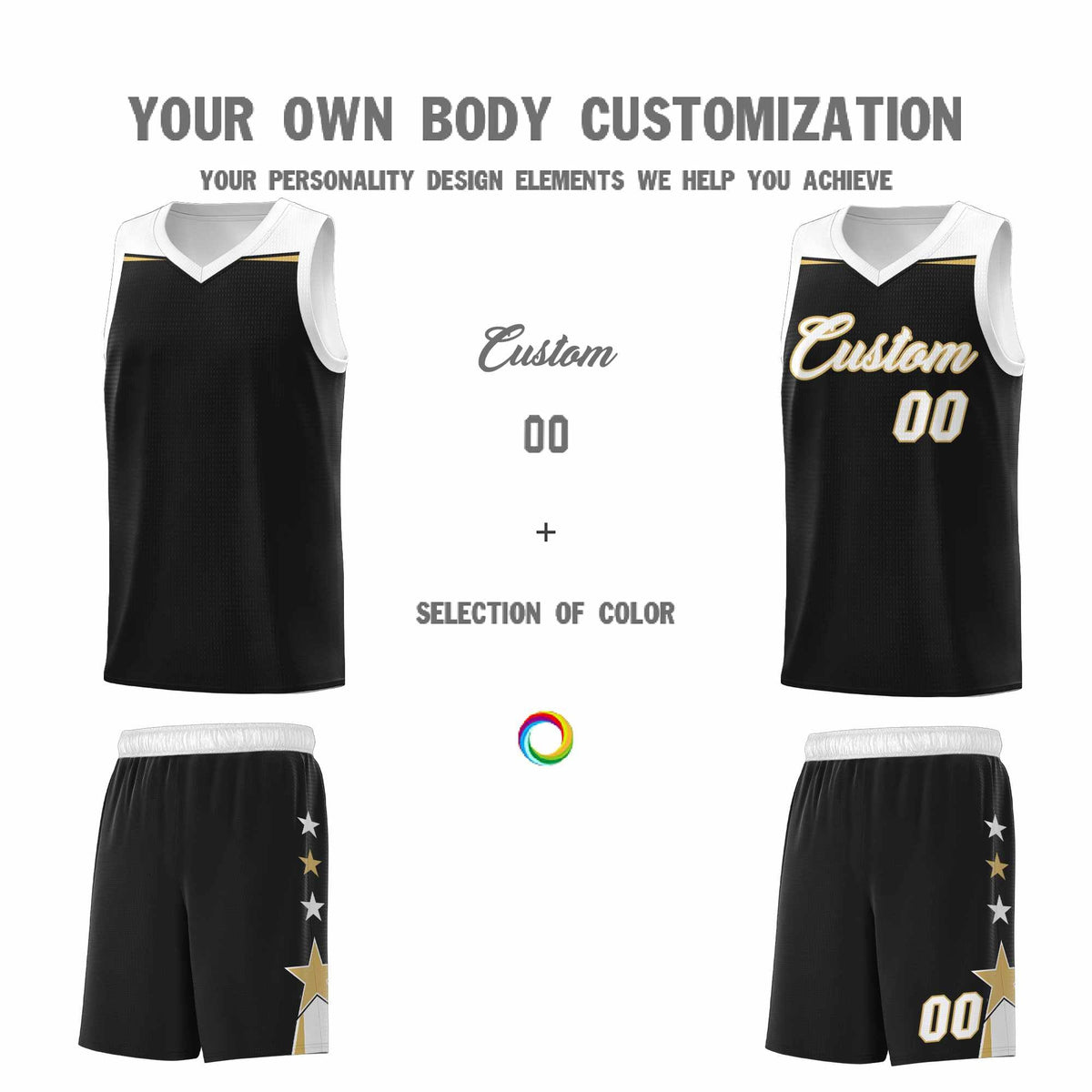 Custom Youth Basketball Uniform Black White Two Tone Side Star Personalized Team Jersey