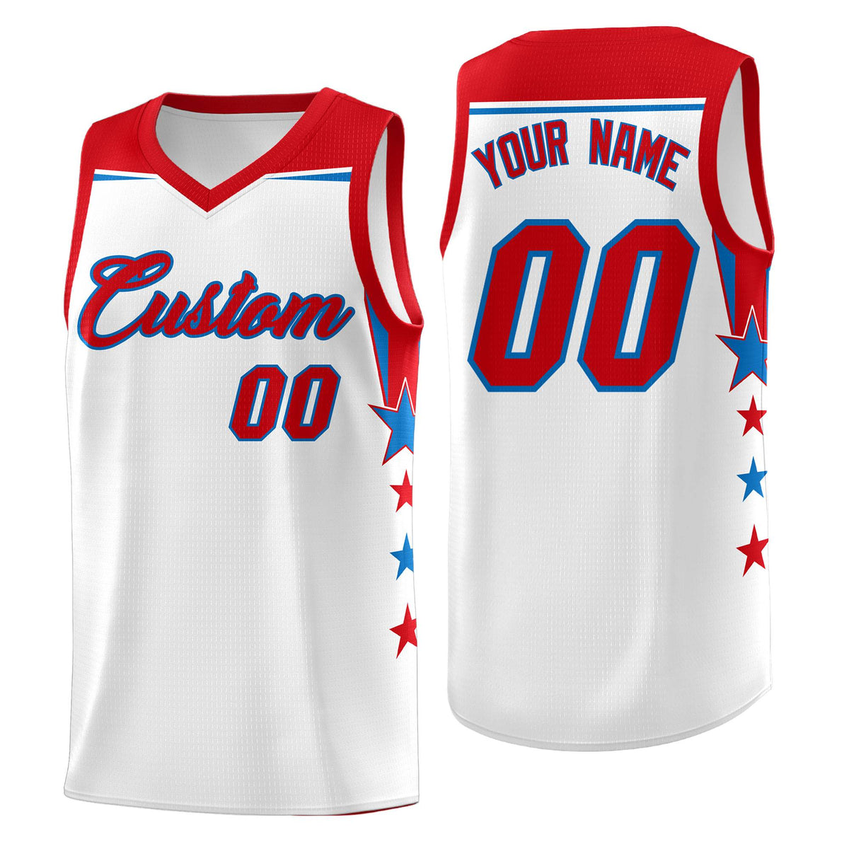 Custom Youth Basketball Uniform White Red Two Tone Side Star Add Name Number &amp; Logo