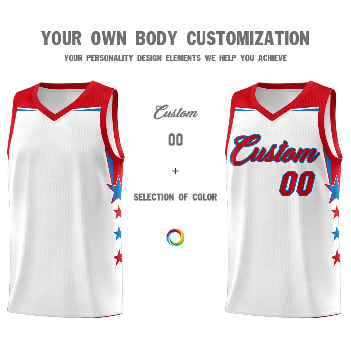 Custom Youth Basketball Uniform White Red Two Tone Side Star Add Name Number &amp; Logo