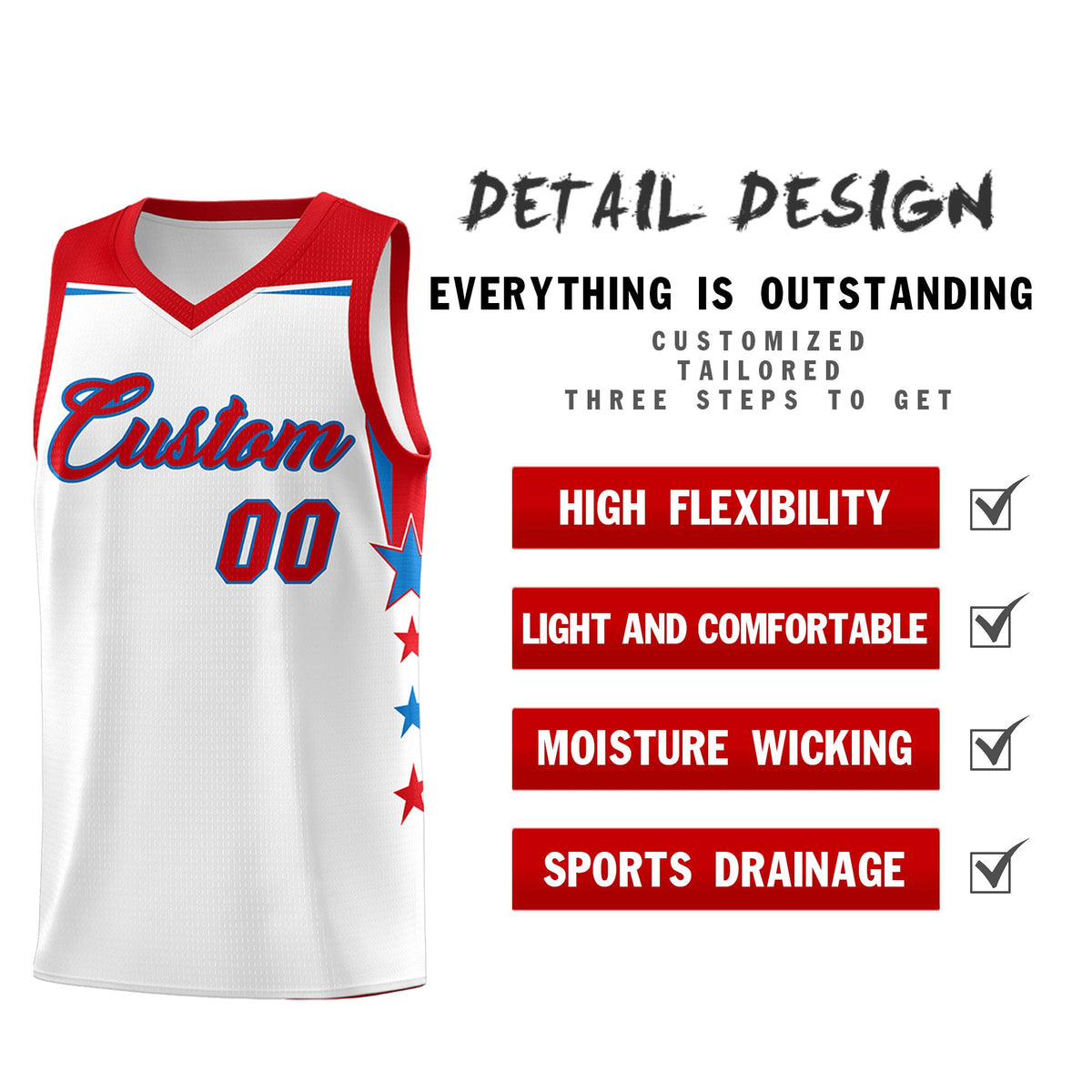 Custom Youth Basketball Uniform White Red Two Tone Side Star Add Name Number &amp; Logo