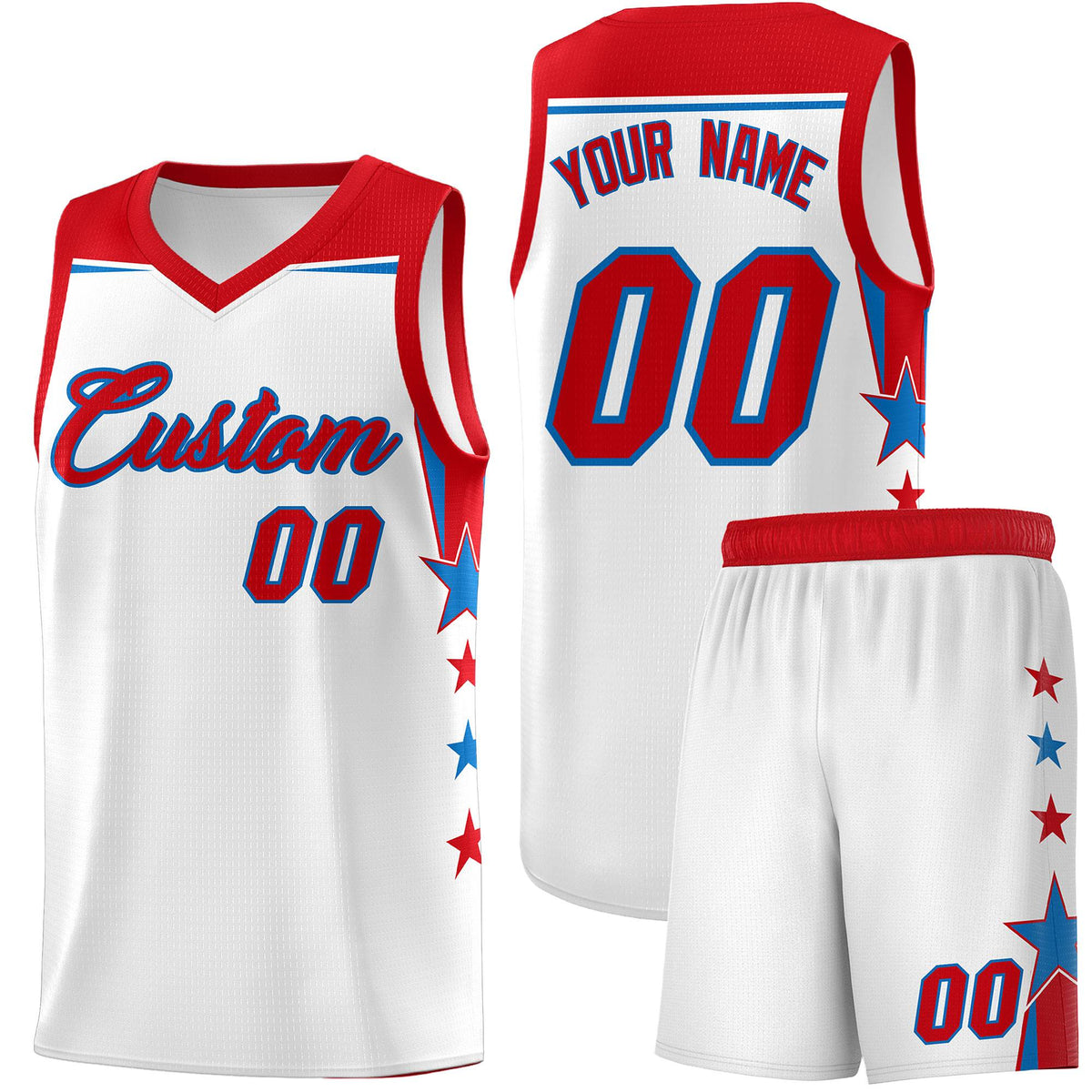 Custom Youth Basketball Uniform White Red Two Tone Side Star Add Name Number &amp; Logo