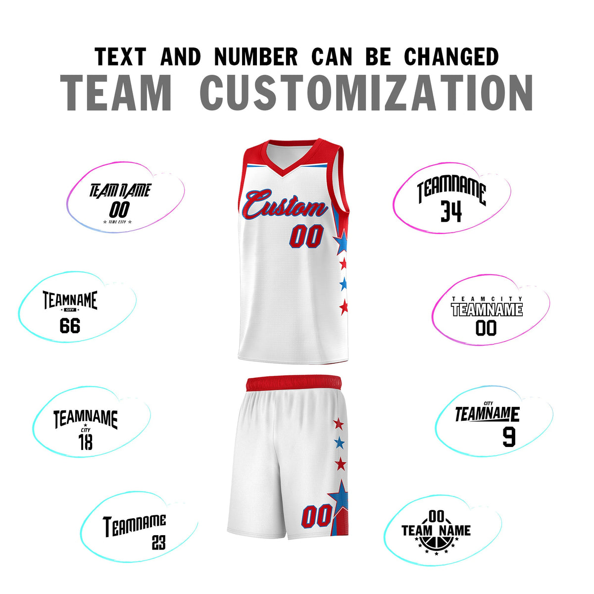 Custom Youth Basketball Uniform White Red Two Tone Side Star Add Name Number &amp; Logo
