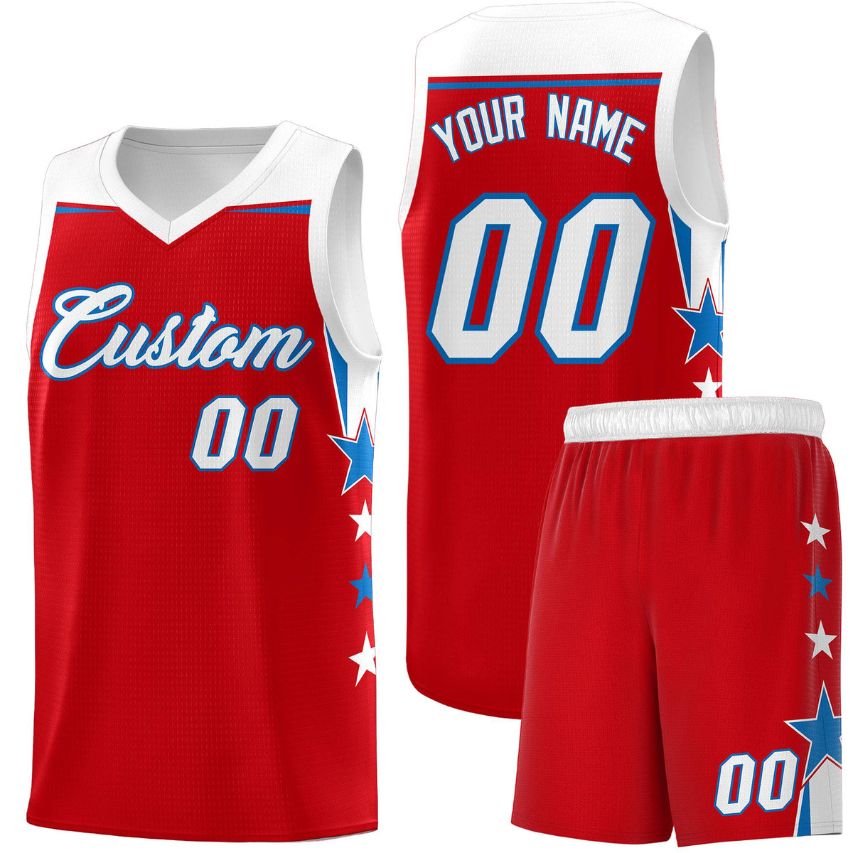 Custom Youth Basketball Uniform Red White Two Tone Side Star Personalized Team Jersey