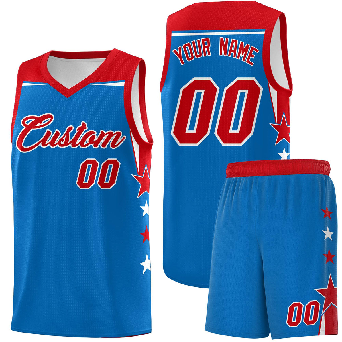 Custom Youth Basketball Uniform Royal Red Two Tone Side Star Color Block Team Jersey
