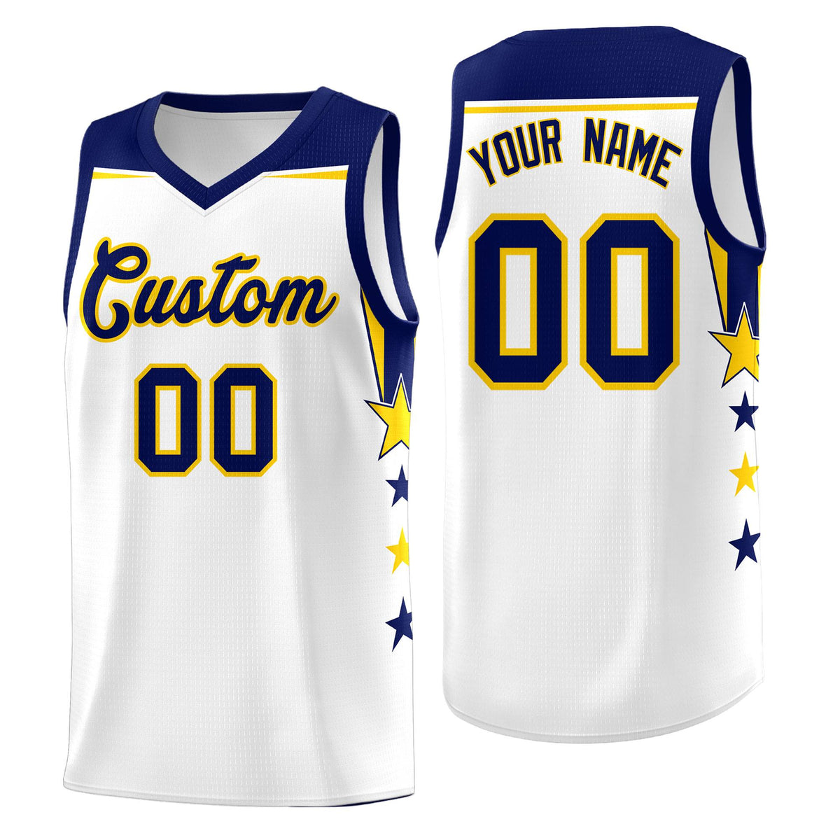Custom Youth Basketball Uniform White Navy Two Tone Side Star Personalized Team Jersey