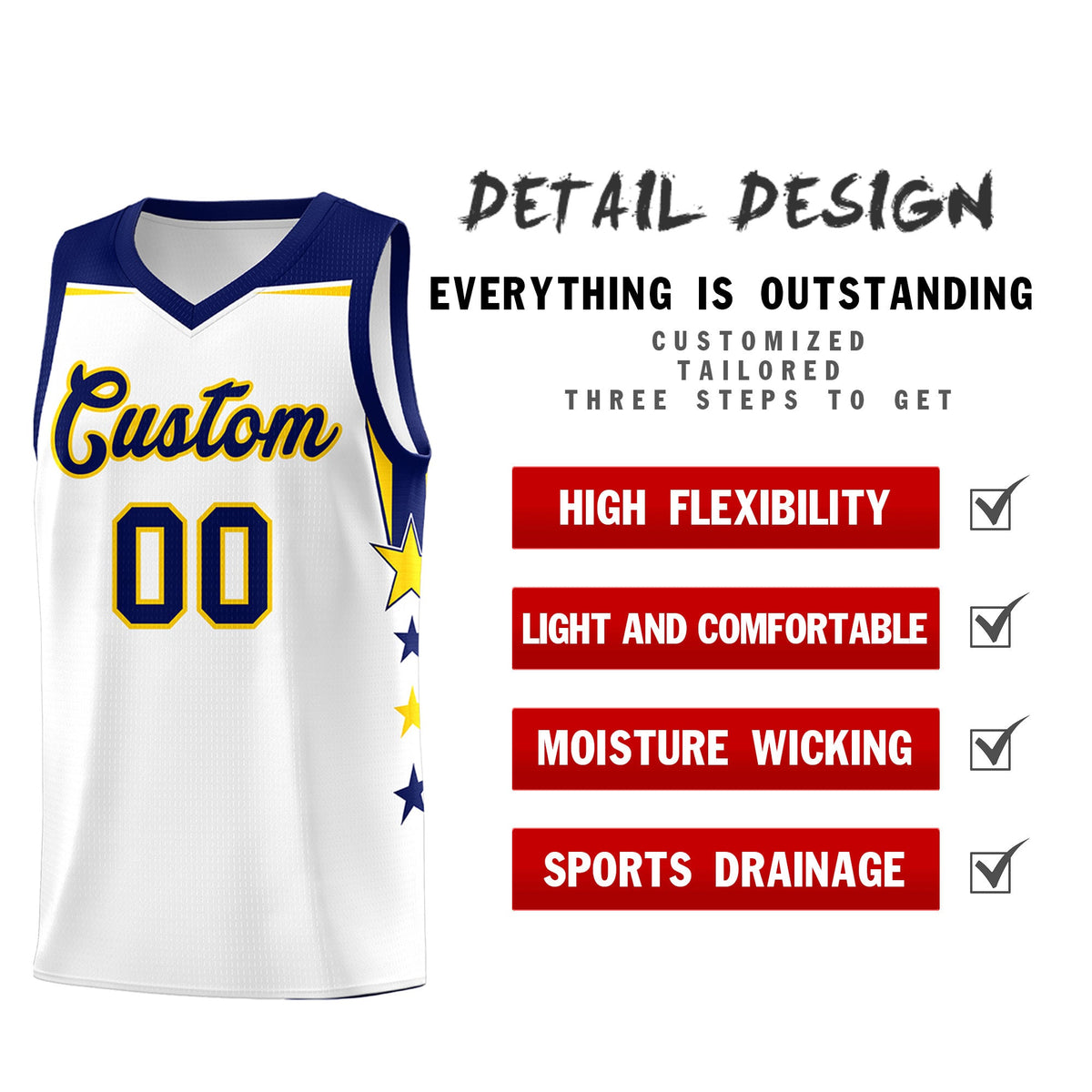 Custom Youth Basketball Uniform White Navy Two Tone Side Star Personalized Team Jersey
