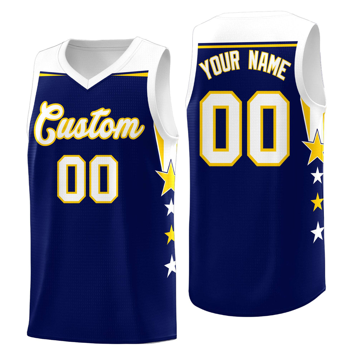 Custom Youth Basketball Uniform Navy White Two Tone Side Star Add Name Number &amp; Logo