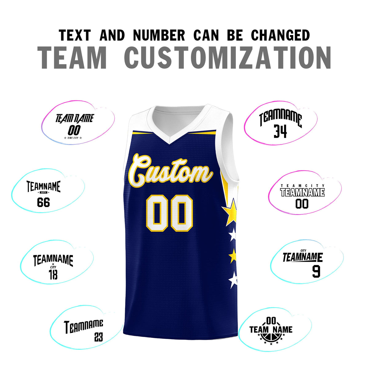 Custom Youth Basketball Uniform Navy White Two Tone Side Star Add Name Number &amp; Logo