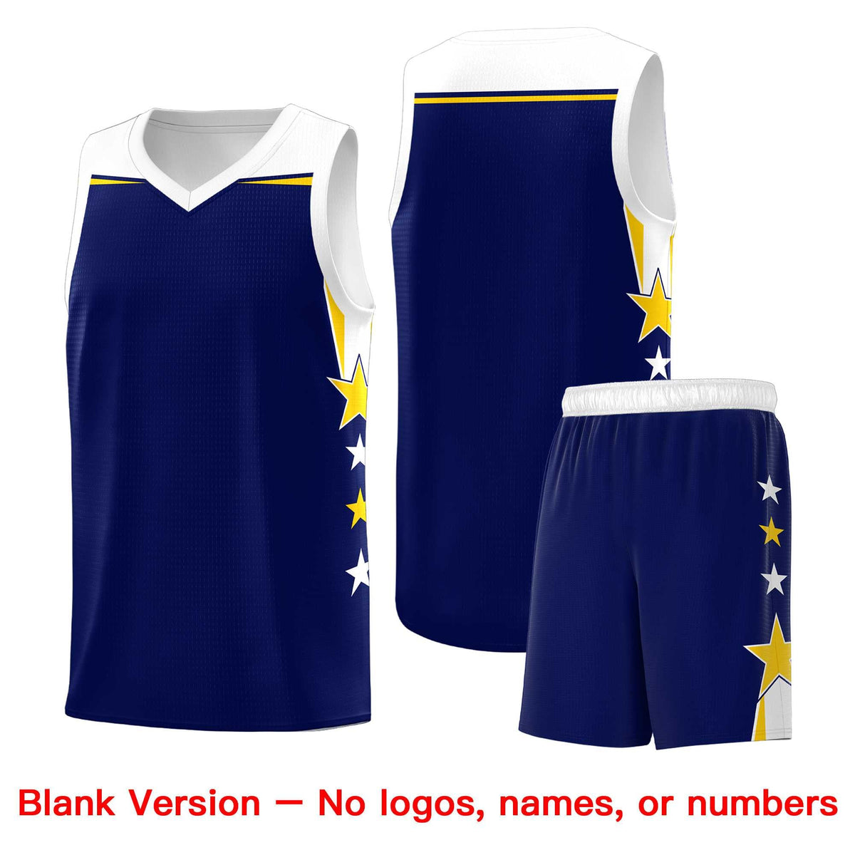 Custom Youth Basketball Uniform Navy White Two Tone Side Star Add Name Number &amp; Logo
