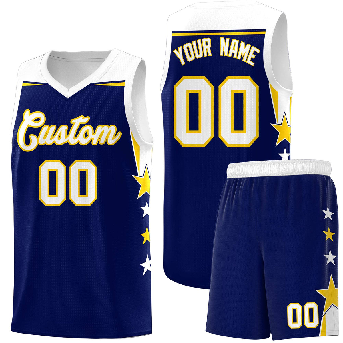 Custom Youth Basketball Uniform Navy White Two Tone Side Star Add Name Number &amp; Logo