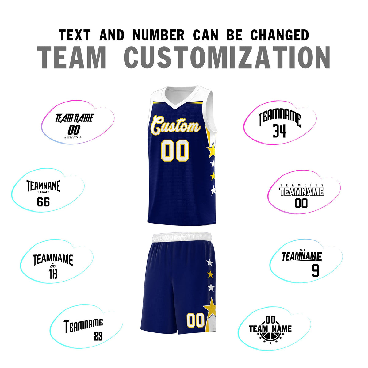 Custom Youth Basketball Uniform Navy White Two Tone Side Star Add Name Number &amp; Logo