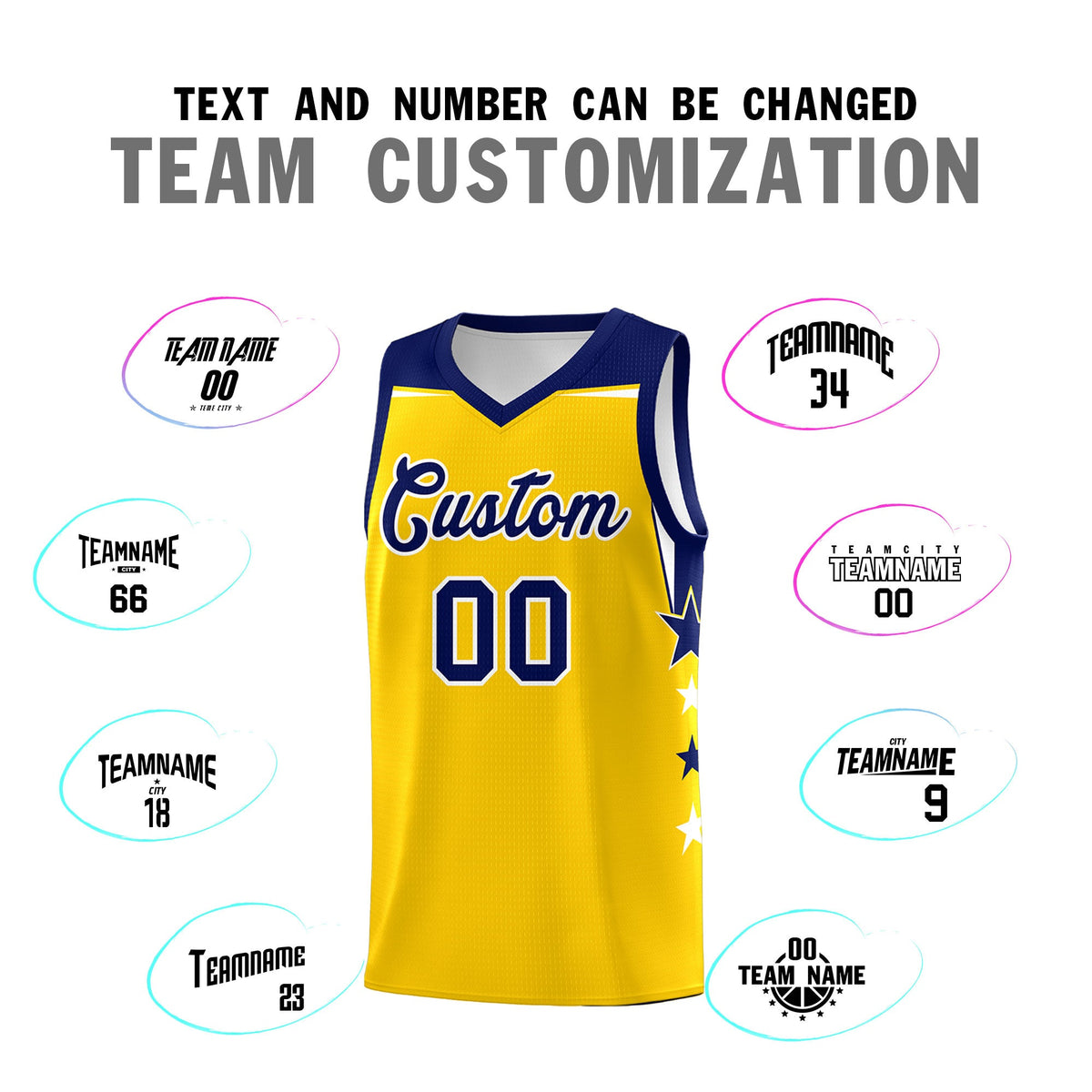 Custom Youth Basketball Uniform Gold Navy Two Tone Side Star Personalized Team Jersey