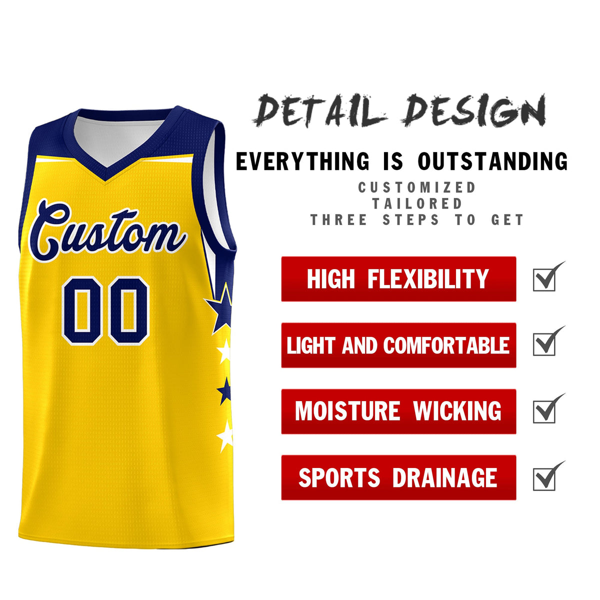 Custom Youth Basketball Uniform Gold Navy Two Tone Side Star Personalized Team Jersey