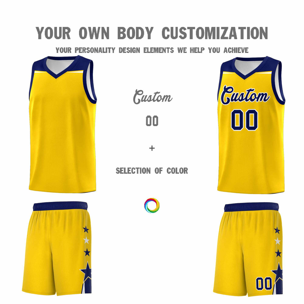 Custom Youth Basketball Uniform Gold Navy Two Tone Side Star Personalized Team Jersey