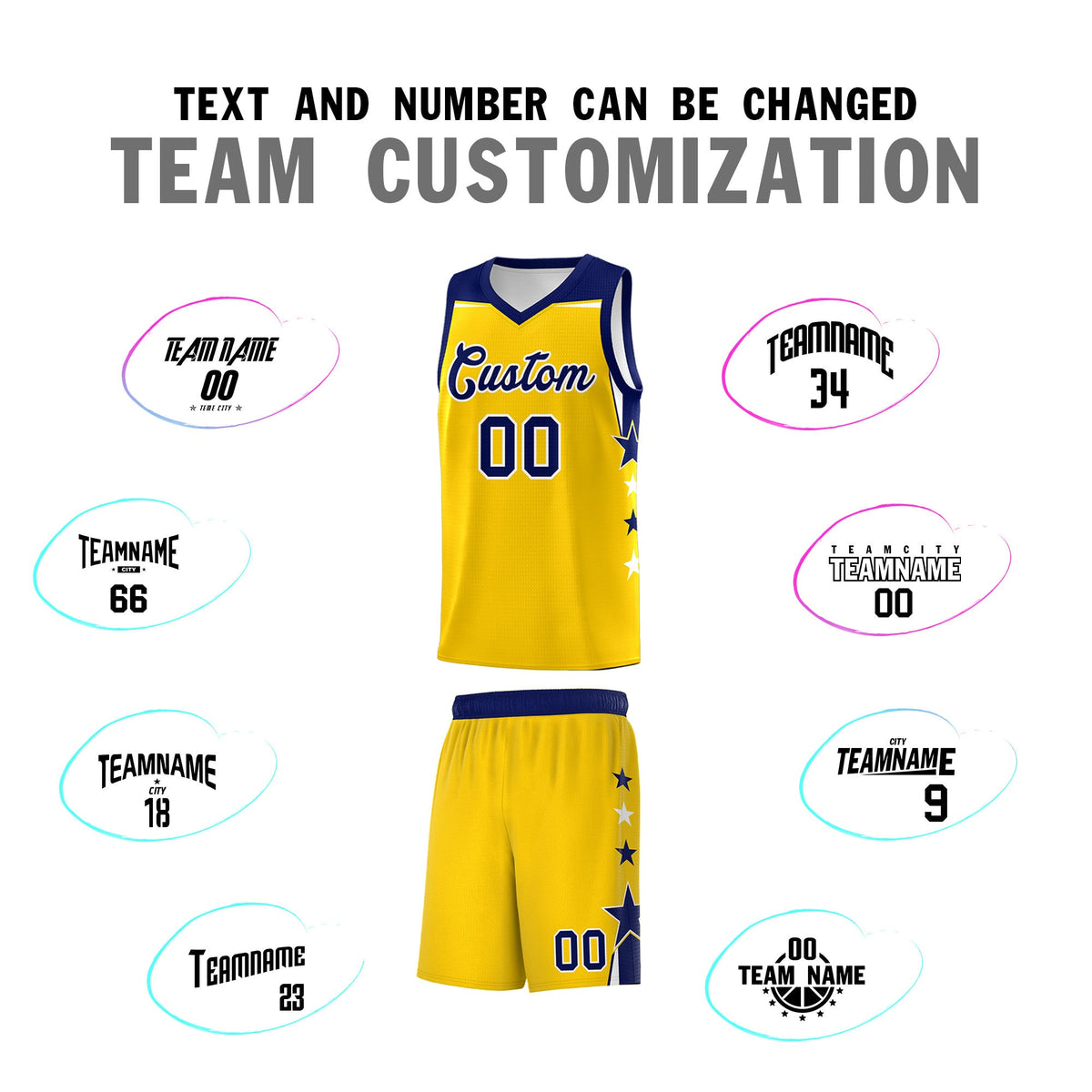 Custom Youth Basketball Uniform Gold Navy Two Tone Side Star Personalized Team Jersey
