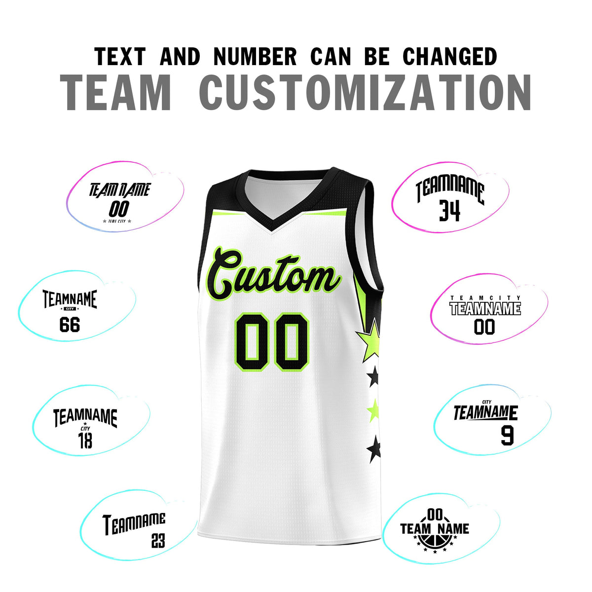 Custom Youth Basketball Uniform White Black Two Tone Side Star Add Name Number &amp; Logo