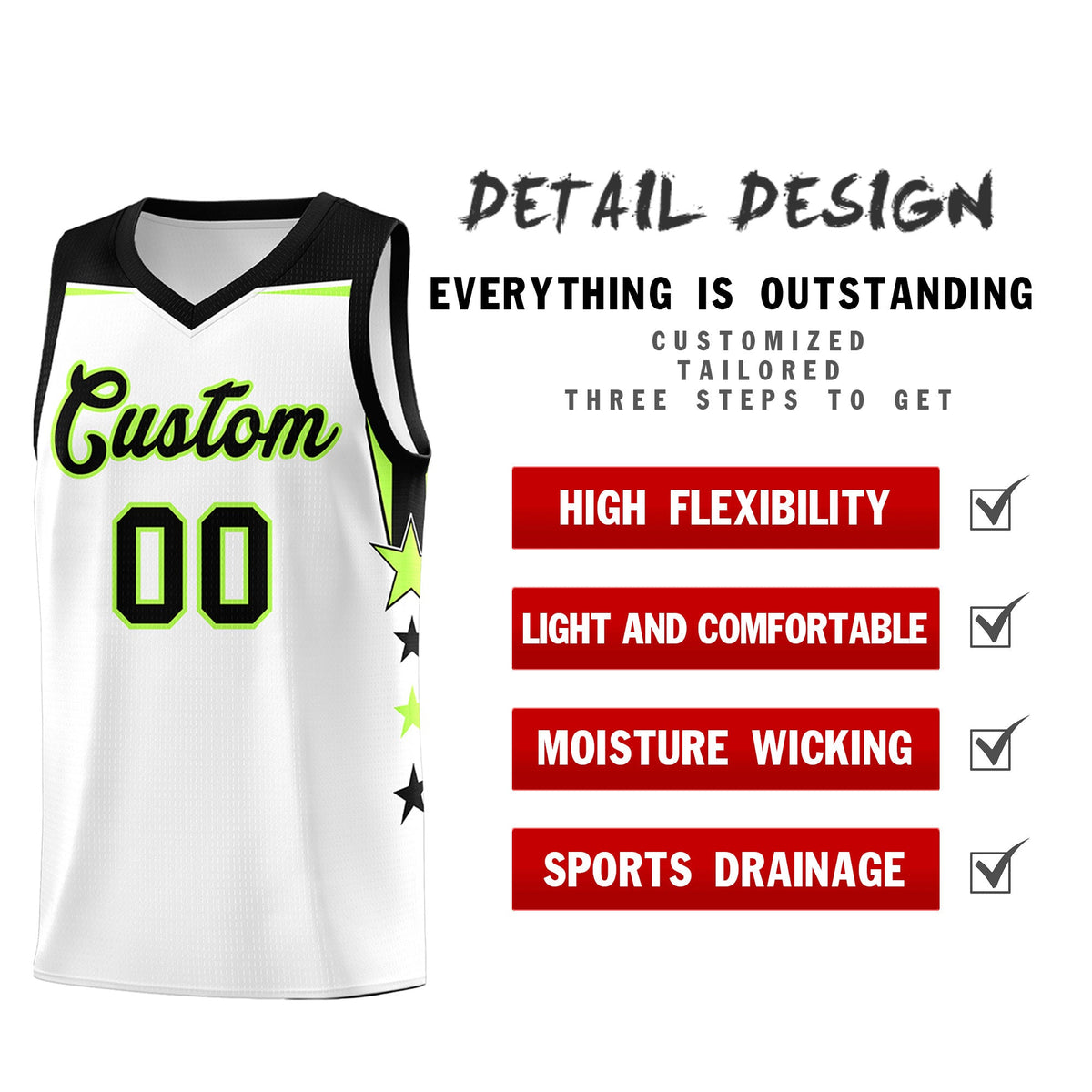 Custom Youth Basketball Uniform White Black Two Tone Side Star Add Name Number &amp; Logo