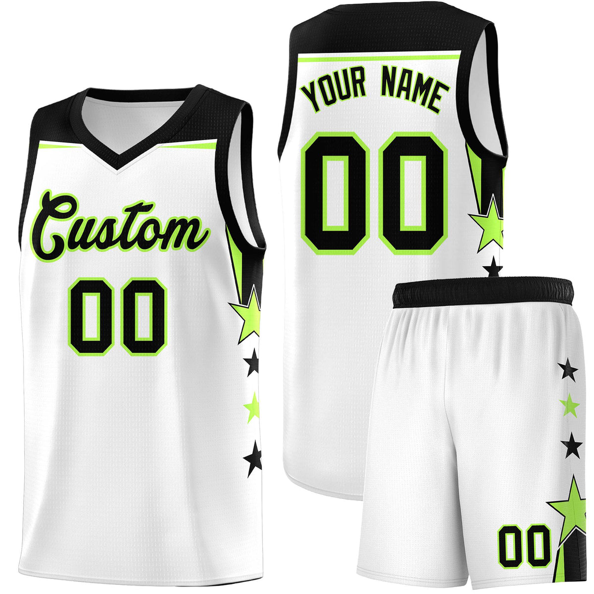 Custom Youth Basketball Uniform White Black Two Tone Side Star Add Name Number &amp; Logo