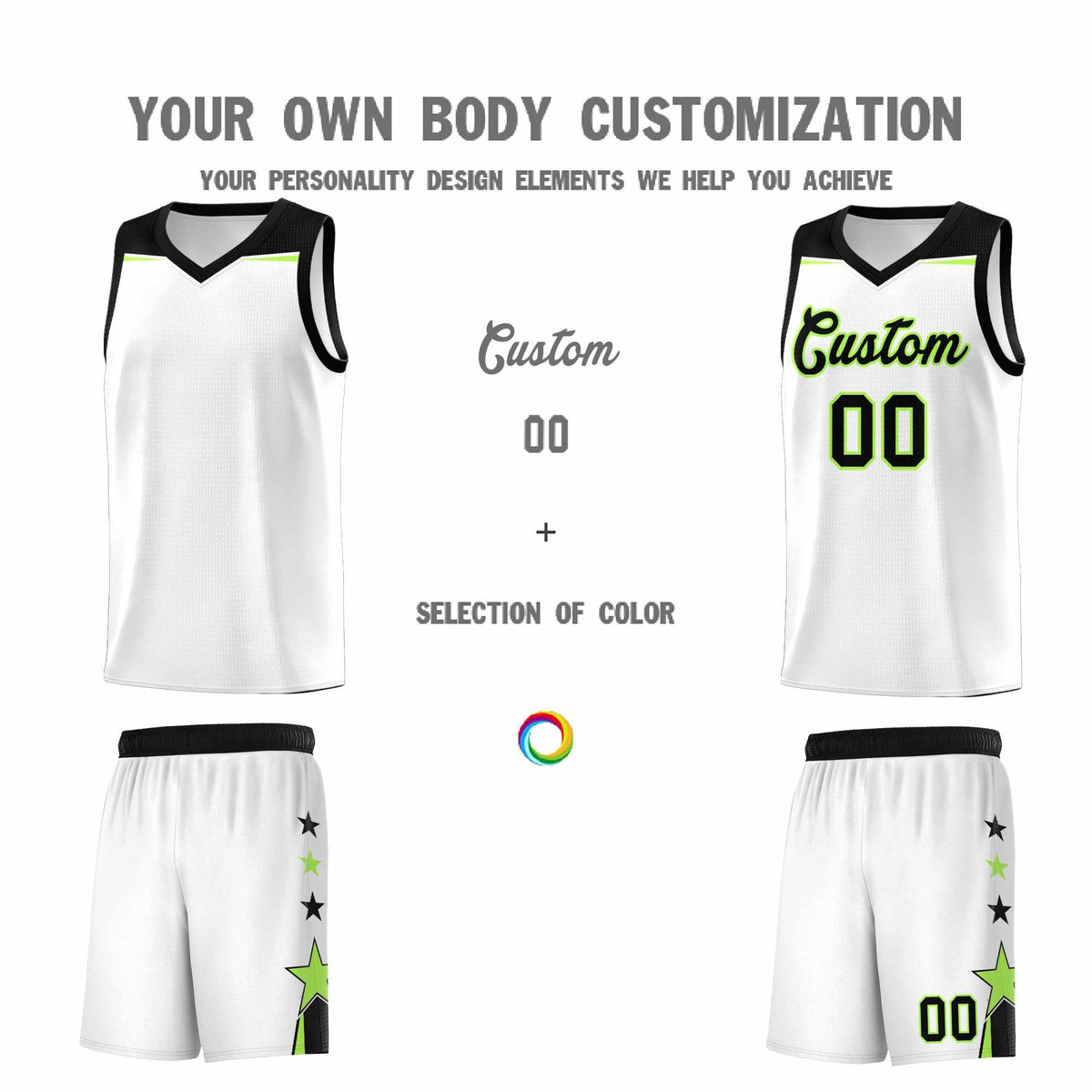 Custom Youth Basketball Uniform White Black Two Tone Side Star Add Name Number &amp; Logo
