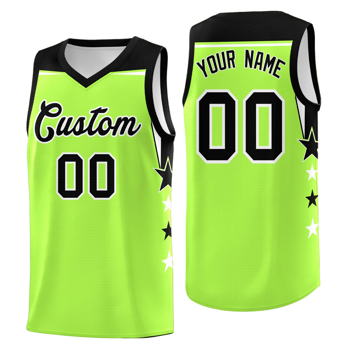 Custom Youth Basketball Uniform Fluorescent Green Black Two Tone Side Star Add Name Number &amp; Logo