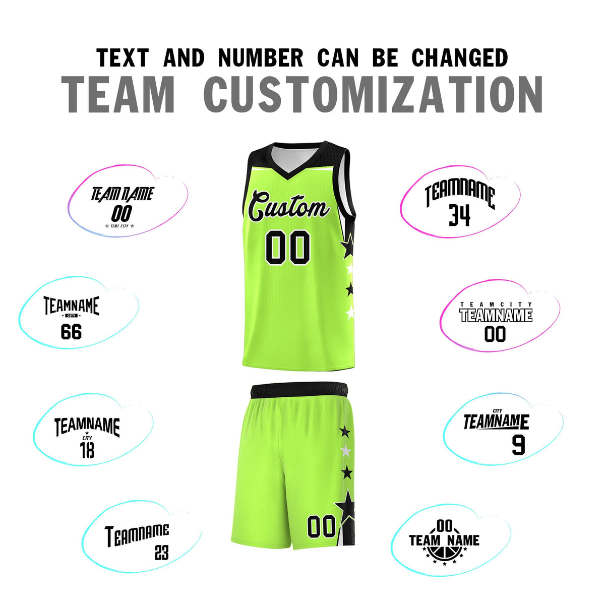 Custom Youth Basketball Uniform Fluorescent Green Black Two Tone Side Star Add Name Number &amp; Logo