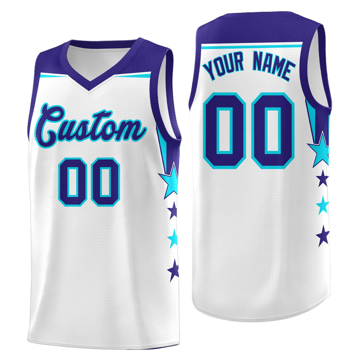 Custom Youth Basketball Uniform White Royal Two Tone Side Star Color Block Team Jersey