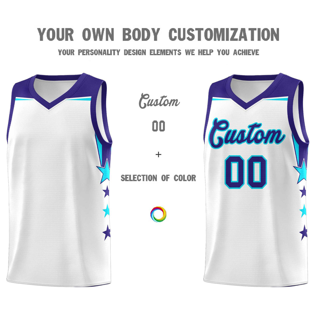 Custom Youth Basketball Uniform White Royal Two Tone Side Star Color Block Team Jersey