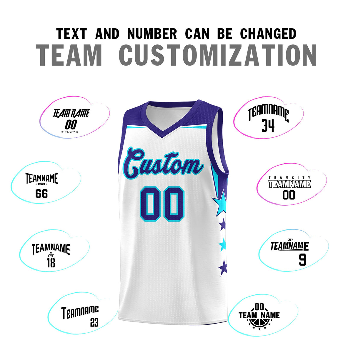 Custom Youth Basketball Uniform White Royal Two Tone Side Star Color Block Team Jersey