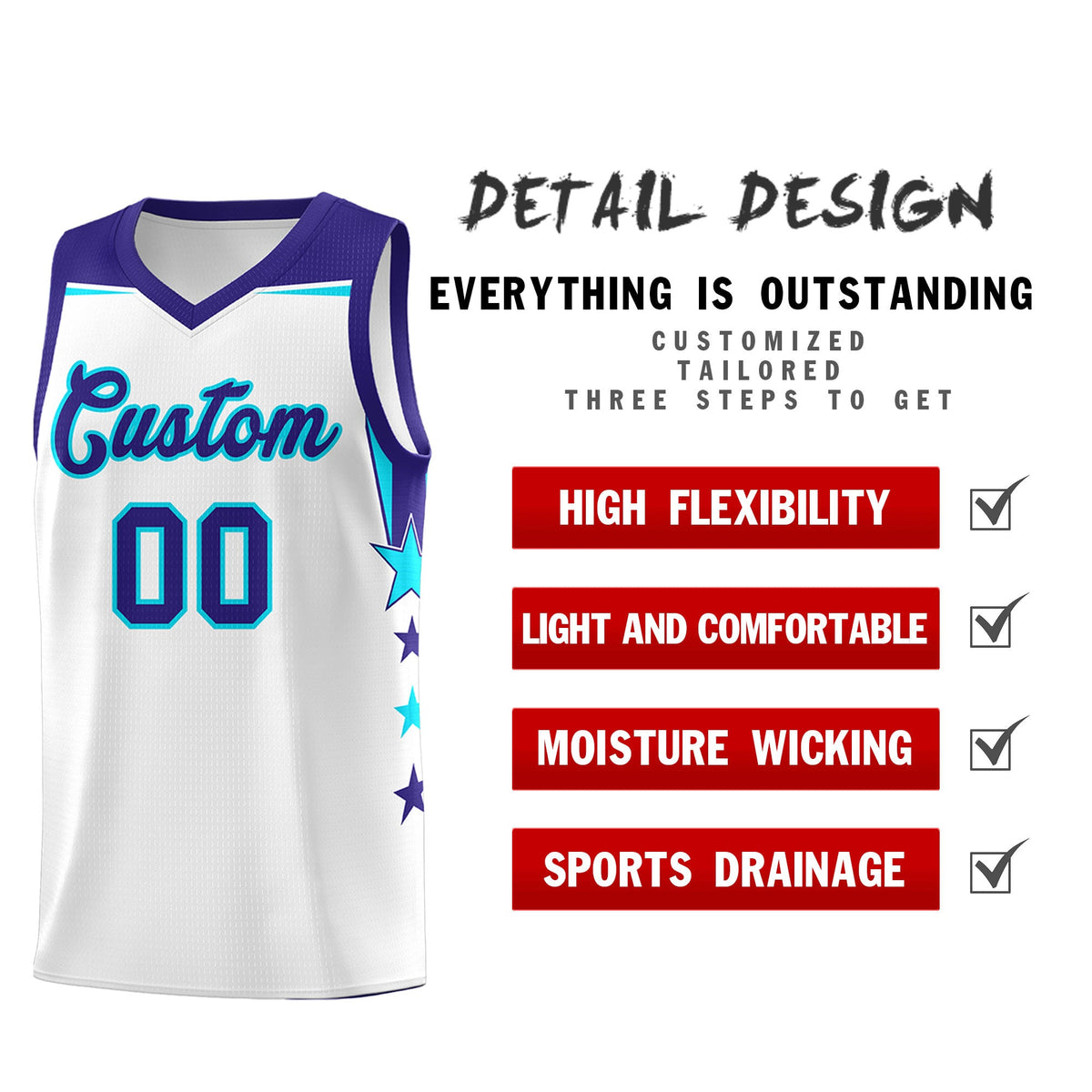 Custom Youth Basketball Uniform White Royal Two Tone Side Star Color Block Team Jersey
