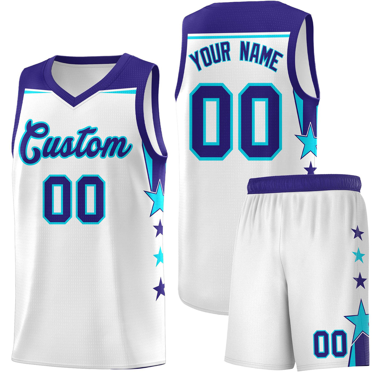 Custom Youth Basketball Uniform White Royal Two Tone Side Star Color Block Team Jersey
