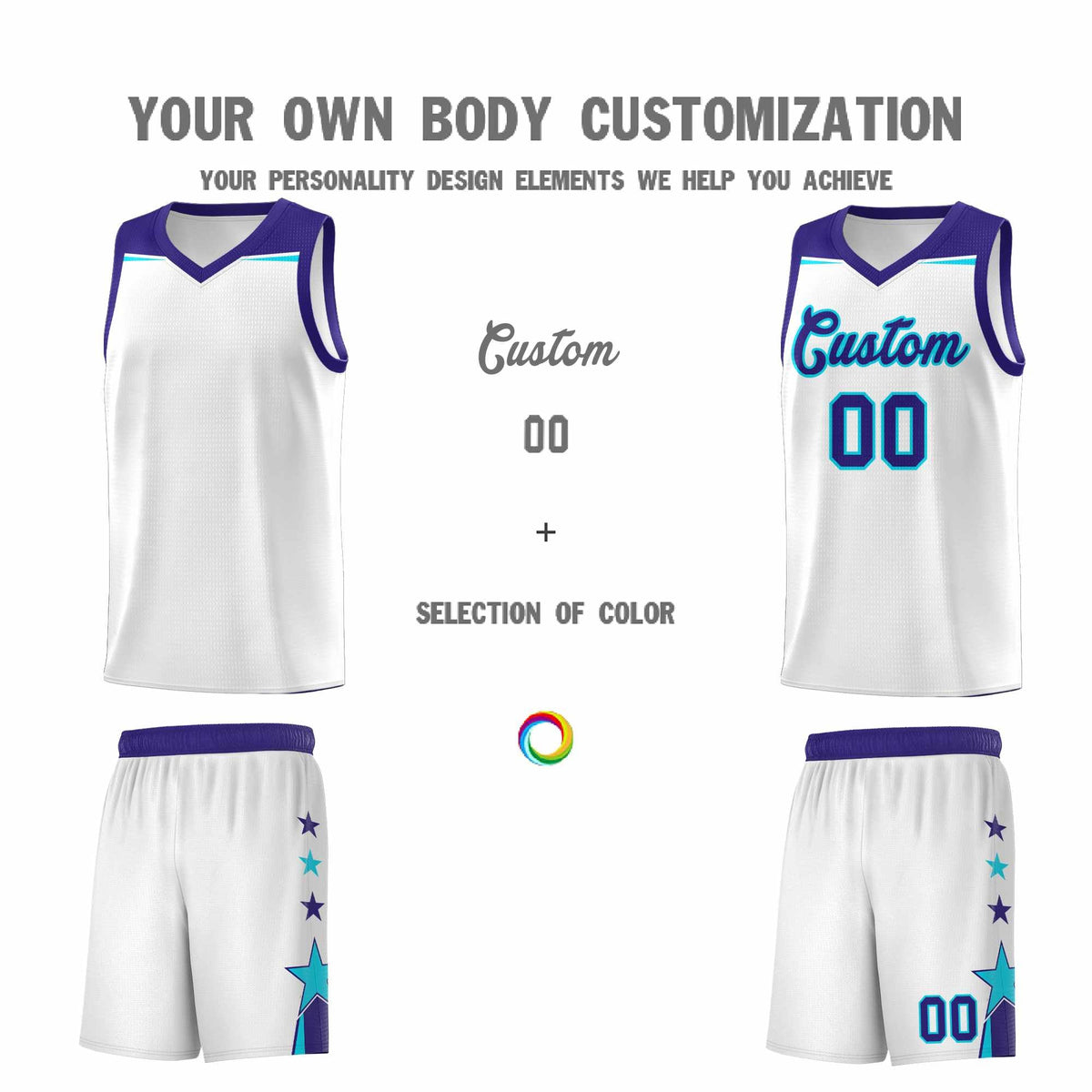 Custom Youth Basketball Uniform White Royal Two Tone Side Star Color Block Team Jersey