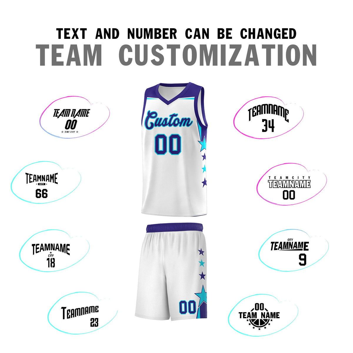 Custom Youth Basketball Uniform White Royal Two Tone Side Star Color Block Team Jersey