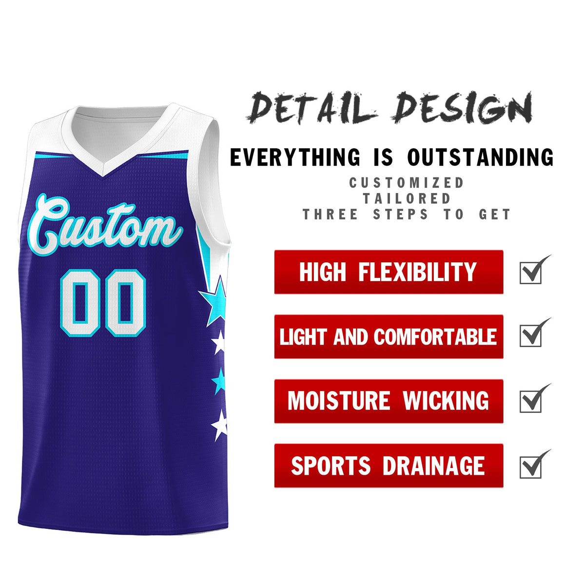 Custom Youth Basketball Uniform Royal White Two Tone Side Star Add Name Number &amp; Logo
