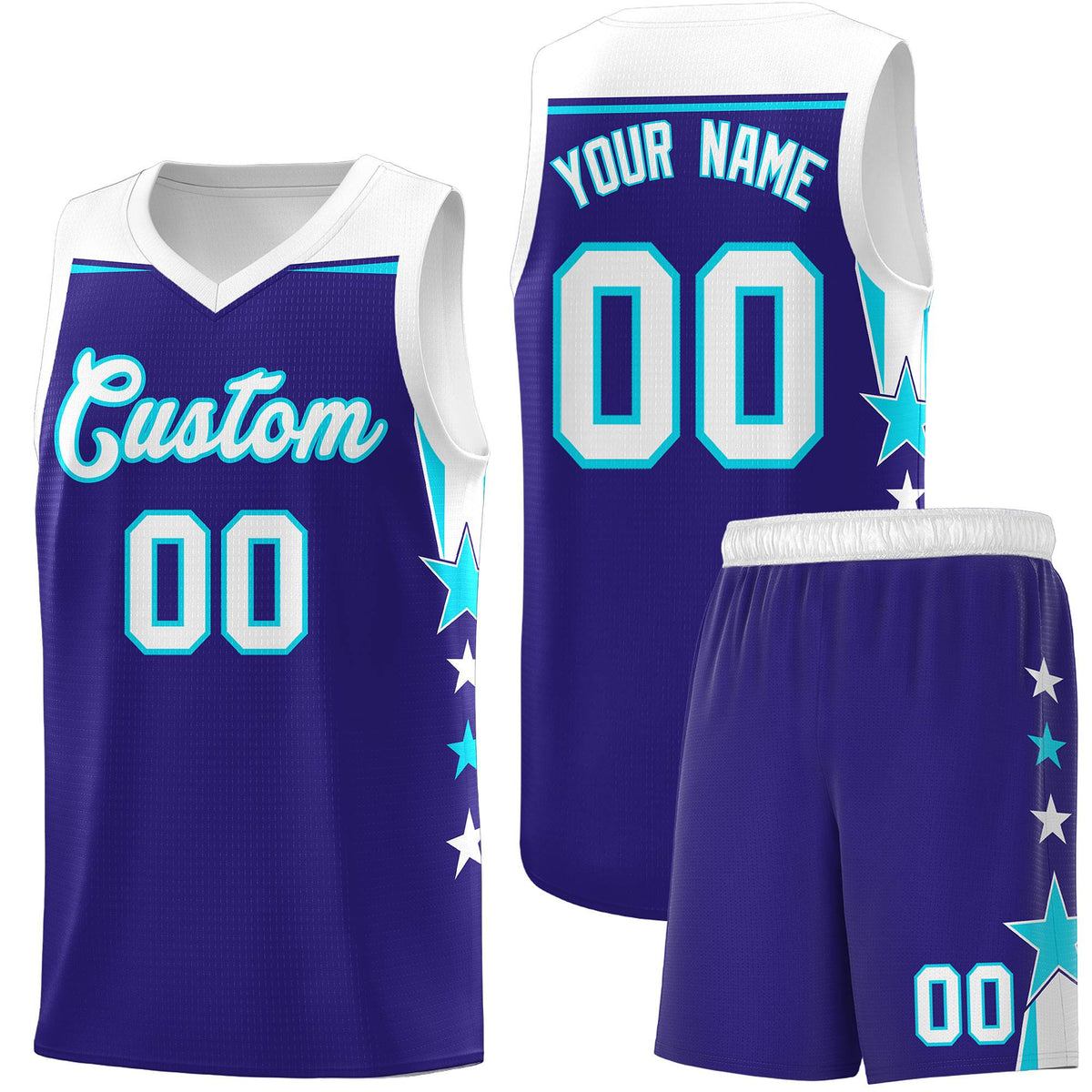 Custom Youth Basketball Uniform Royal White Two Tone Side Star Add Name Number &amp; Logo
