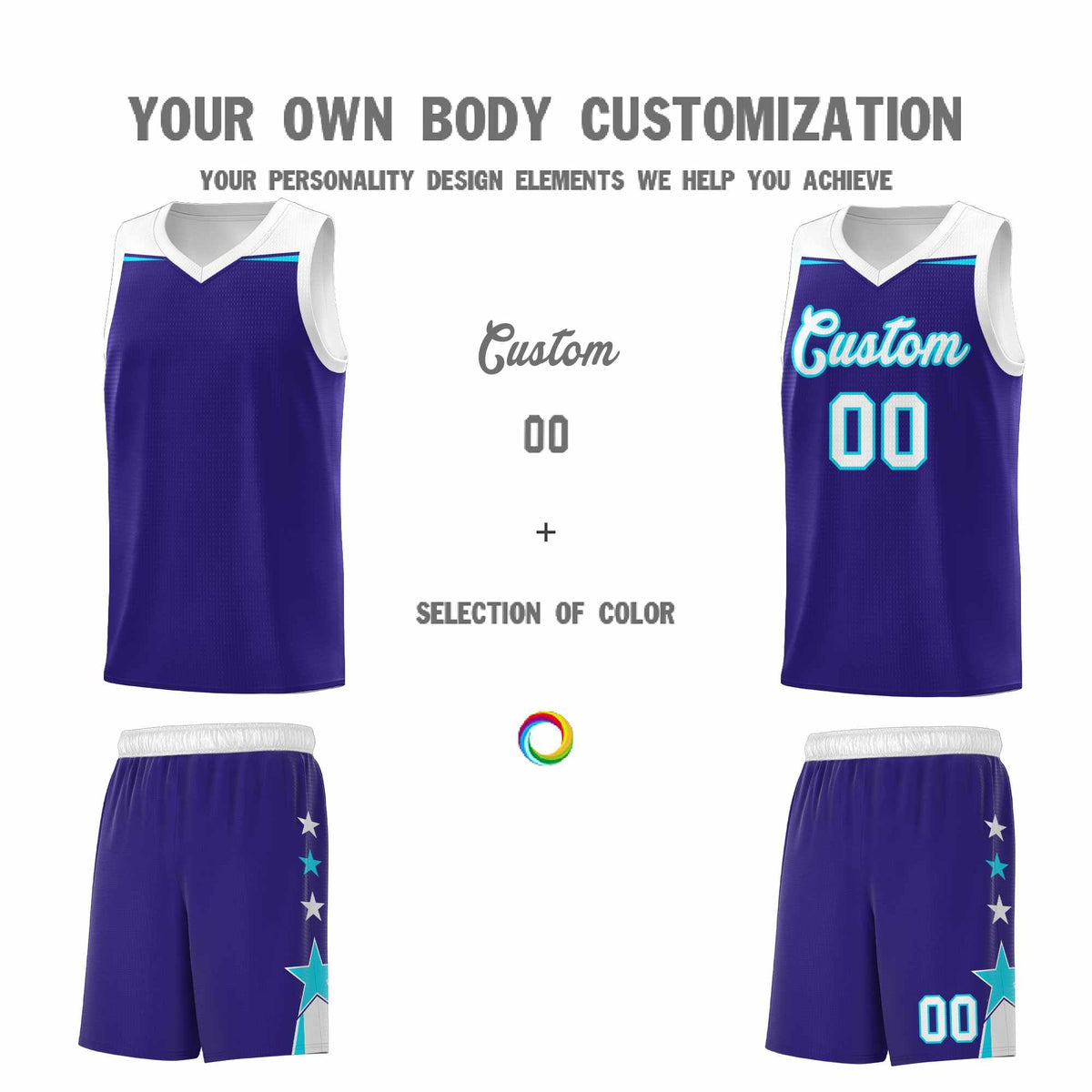 Custom Youth Basketball Uniform Royal White Two Tone Side Star Add Name Number &amp; Logo